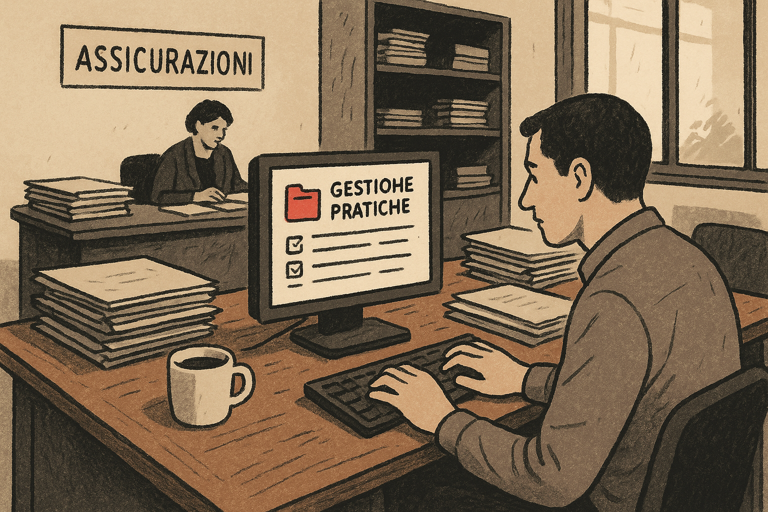 Scrivania di un ufficio assicurativo con fascicoli, caffè e computer acceso