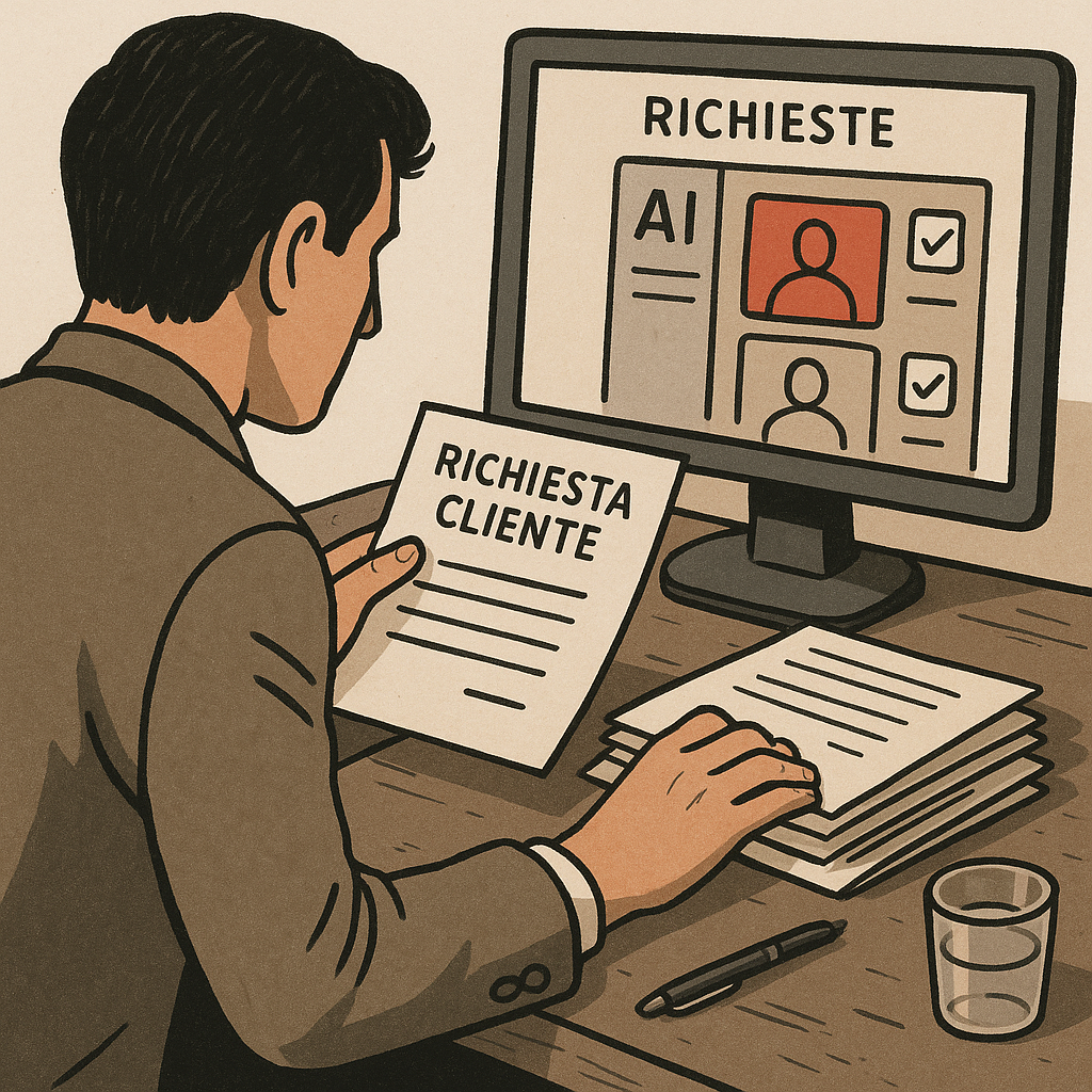 Operatore assicurativo consulta richieste clienti e monitor con classificazione AI