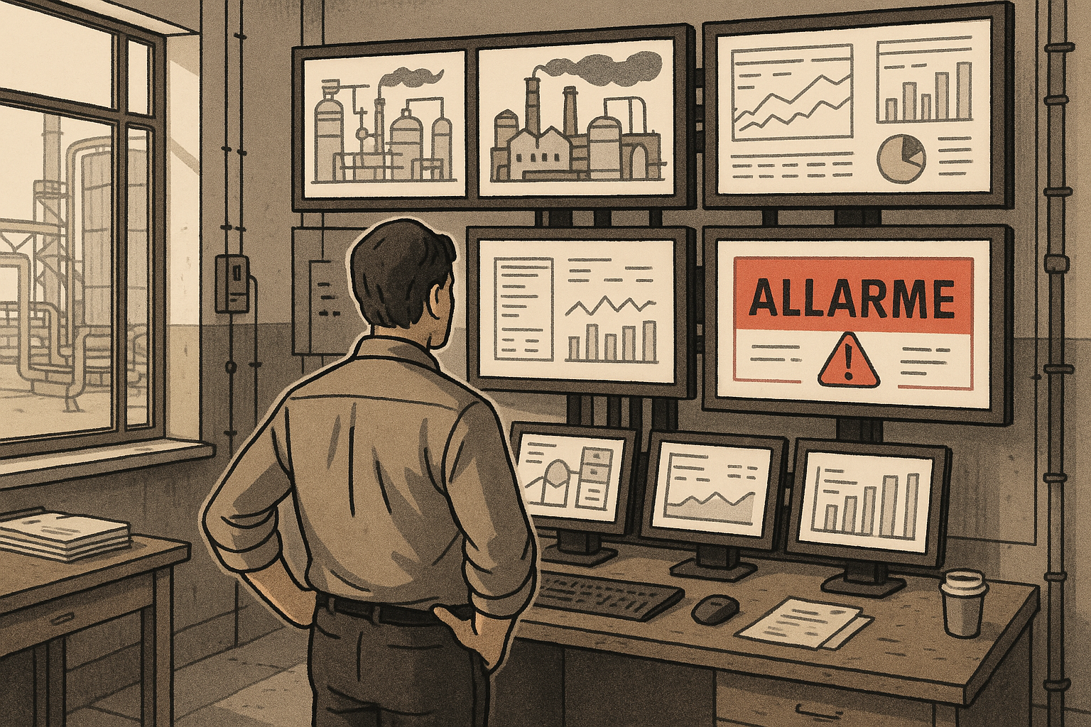 Responsabile IT davanti a monitor che controllano la sicurezza di impianti industriali.