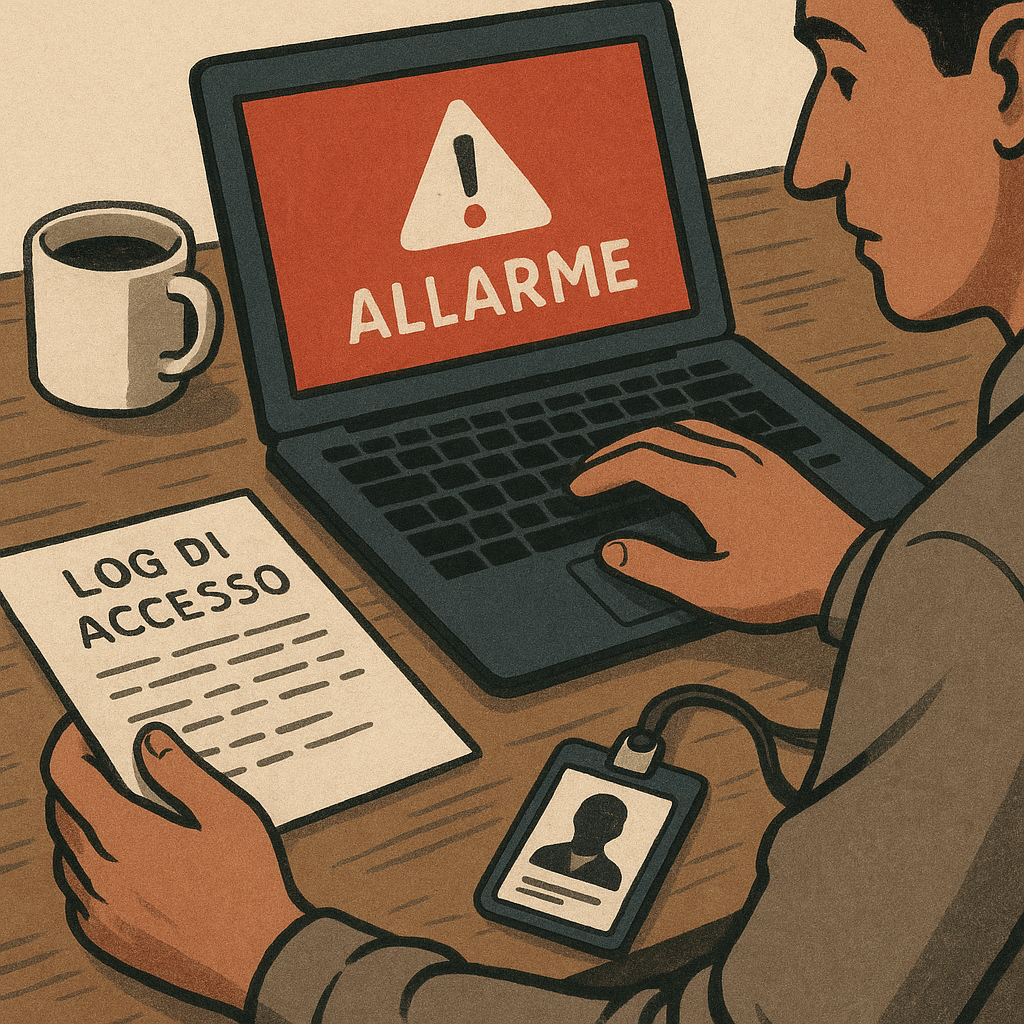 Scrivania con log di accesso, laptop con allarme e badge aziendale.