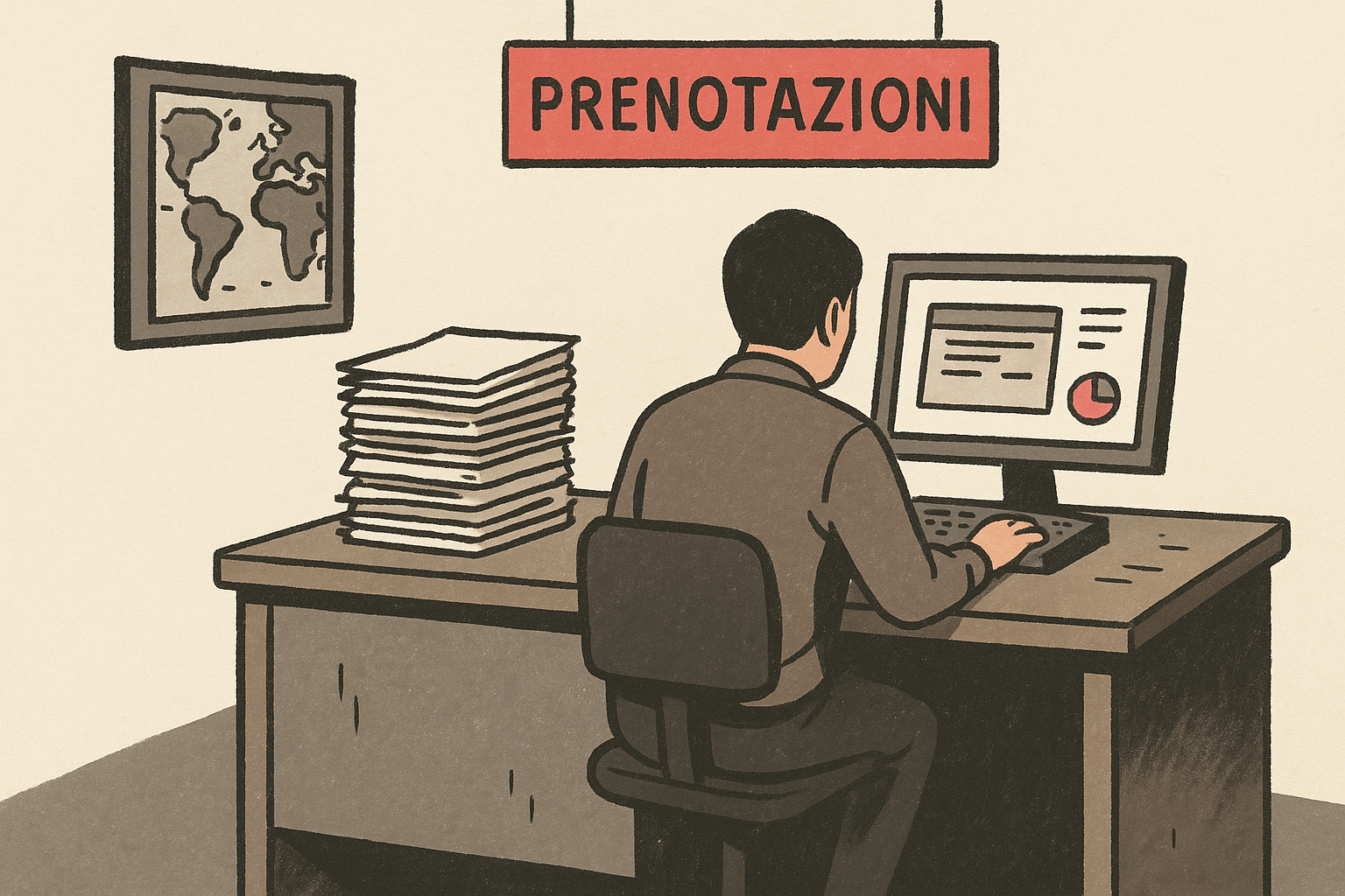Banco di agenzia viaggi con richieste cartacee, monitor e cartello PRENOTAZIONI