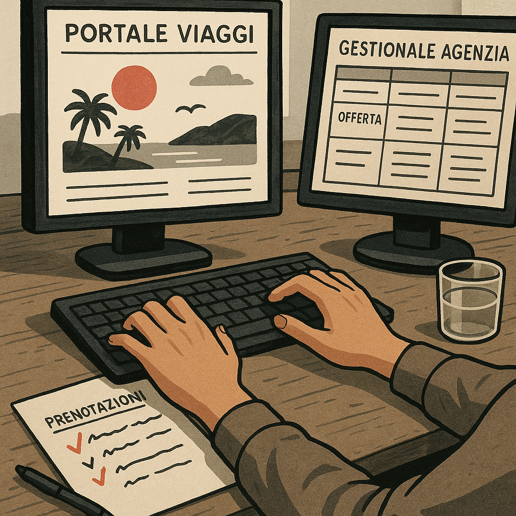 Scrivania con due schermi, portale viaggi e gestionale, mani che lavorano e fogli con appunti