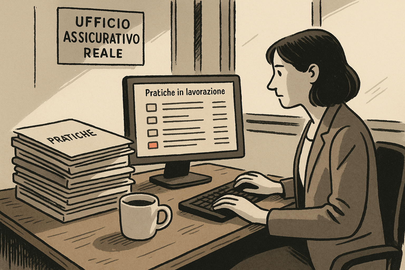 Scrivania di un ufficio assicurativo con fascicoli, tazza e monitor acceso sulle pratiche