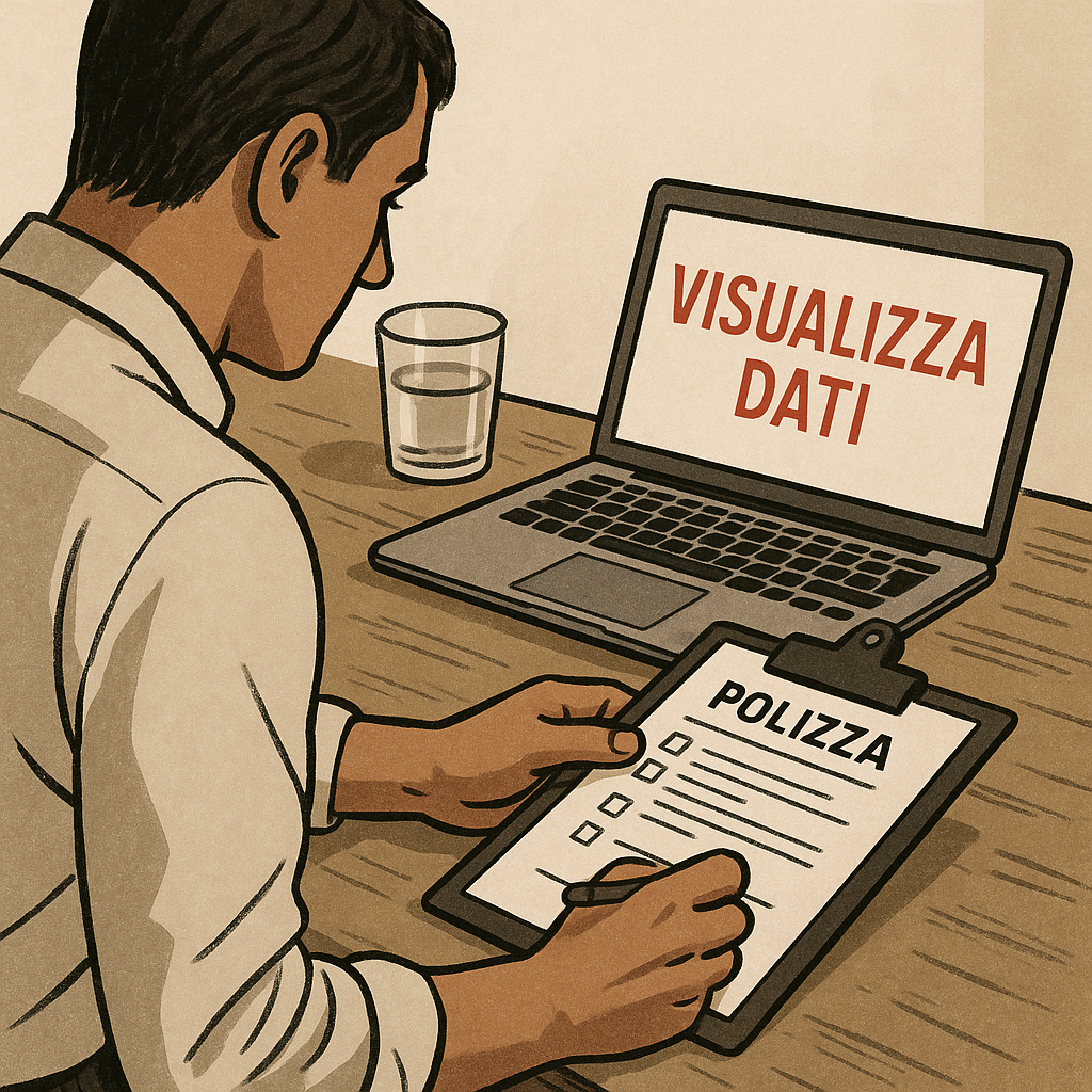 Operatore assicurativo controlla un fascicolo e un laptop con la scritta VISUALIZZA DATI