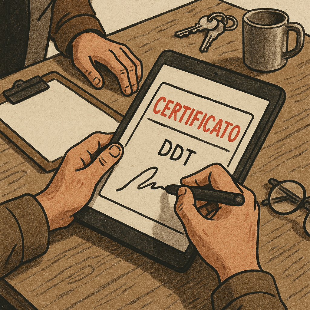 Mani che firmano digitalmente un DDT su tablet con la scritta CERTIFICATO