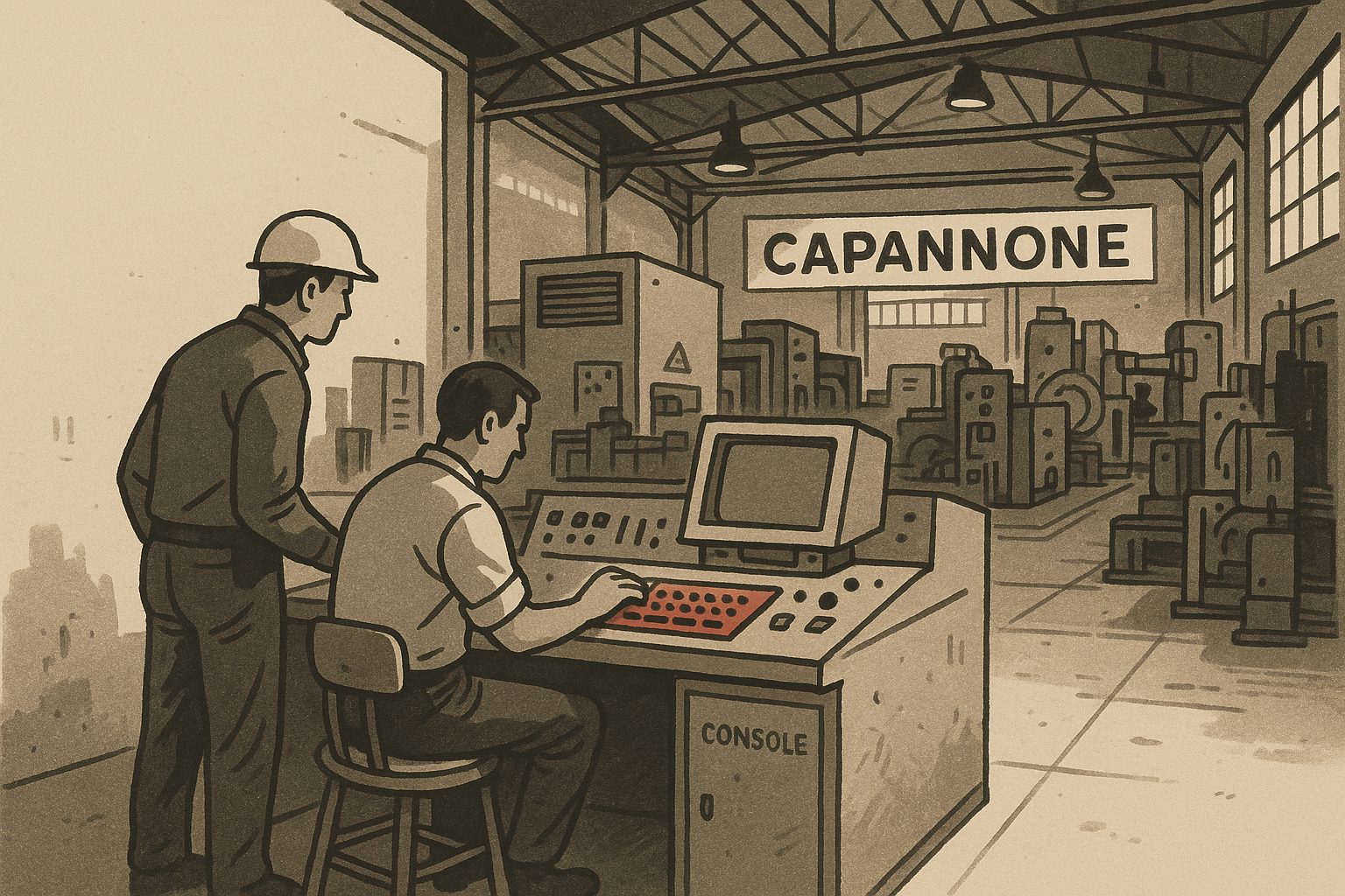 Interno di una Gigafactory AI con server, macchinari e tecnici al lavoro.