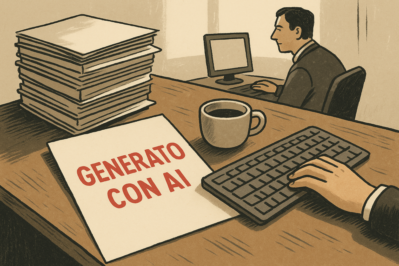 Scrivania di uno studio con pratiche, tastiera, tazza e foglio con scritta GENERATO CON AI