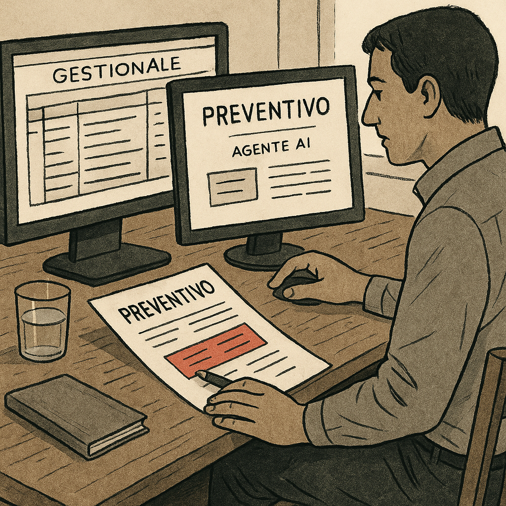 Operatore commerciale con doppio schermo: gestionale e bozza di preventivo AI