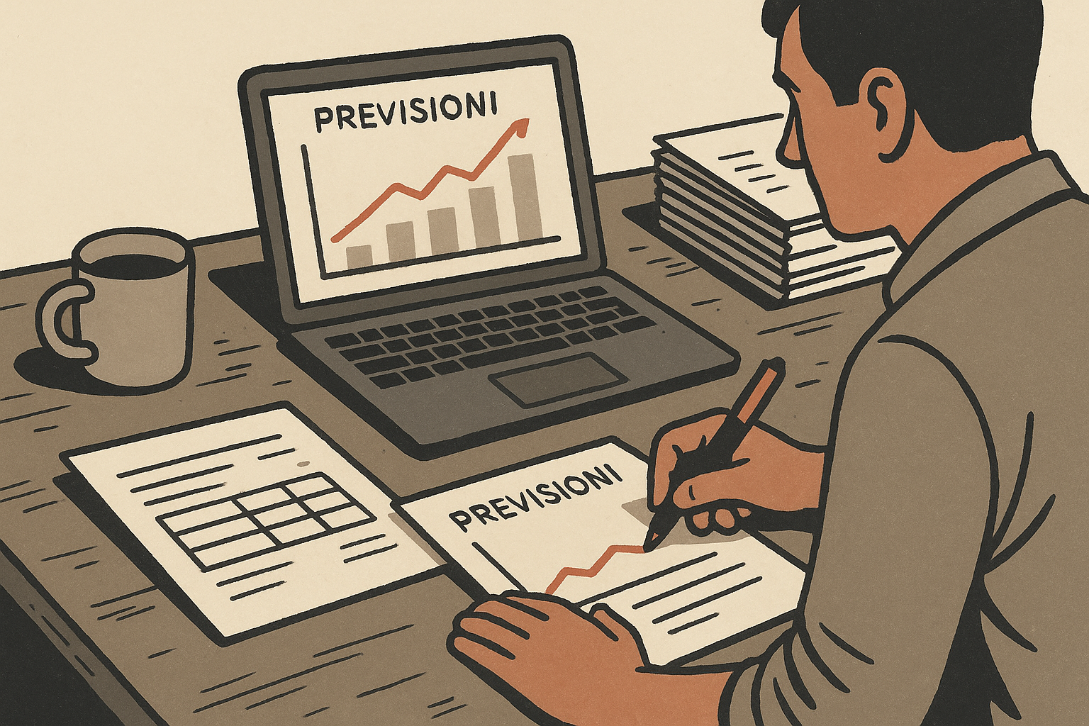 Scrivania di responsabile produzione con fogli, laptop e ordini