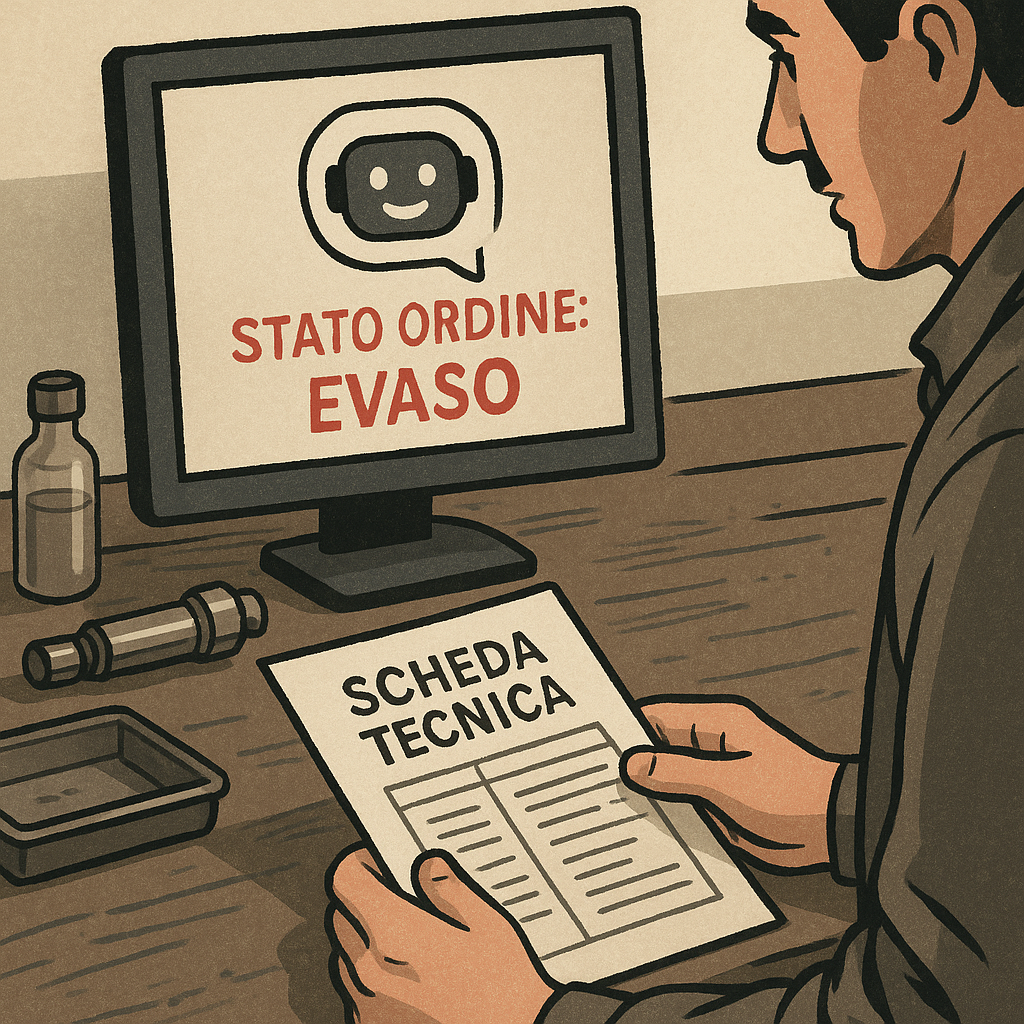 Banco di officina nel VCO con scheda tecnica e chatbot che mostra stato ordine