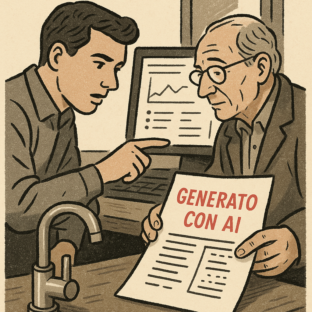Ufficio tecnico rubinetteria Cusio con due persone e foglio GENERATO CON AI