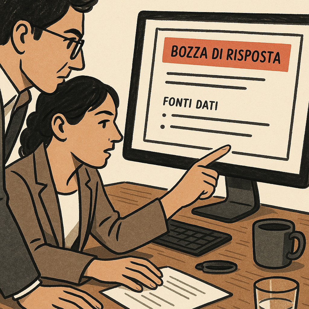 Due colleghi di studio professionale osservano una bozza AI con fonti dati evidenziate sullo schermo.