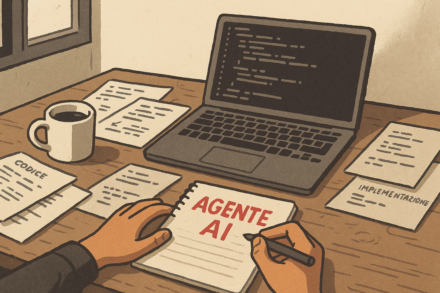 Scrivania con appunti, laptop e quaderno con scritto AGENTE AI