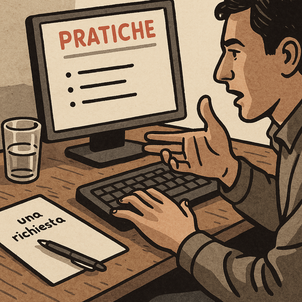 Ufficio con persona che detta una richiesta e collega che registra pratiche su computer