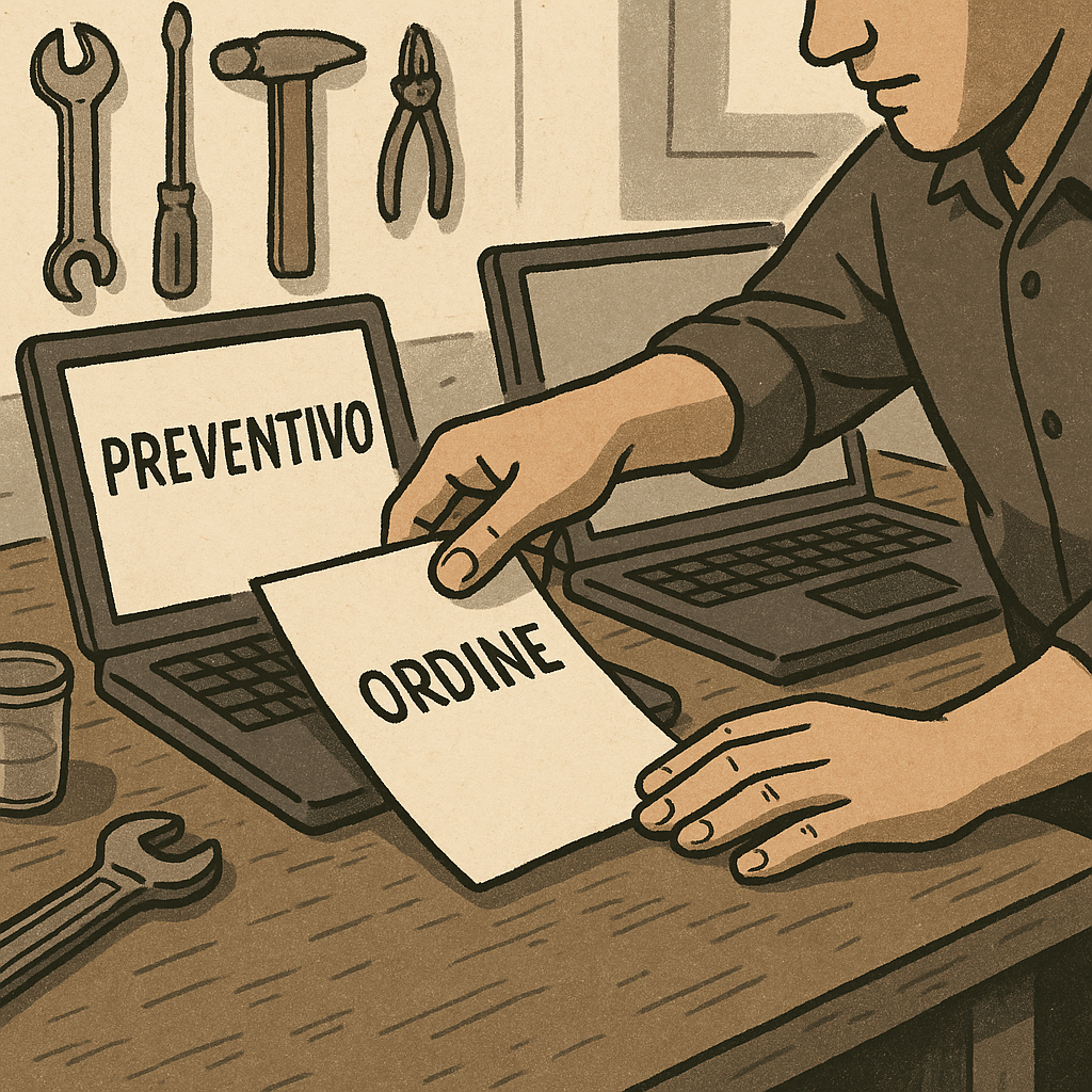 Banco di officina con fogli preventivo e ordine, una mano li sposta tra due computer.