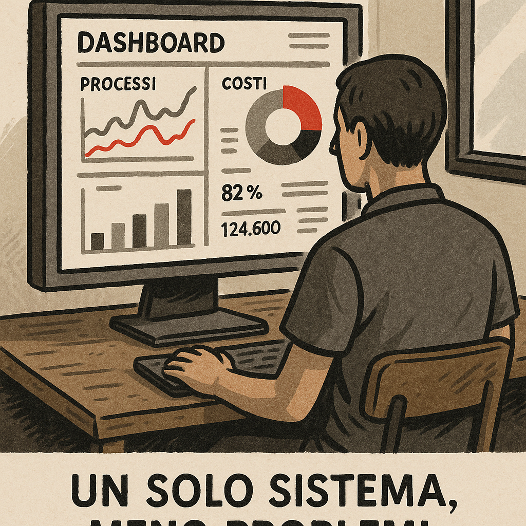 Operatore di spalle guarda una dashboard unica con dati di processo e costi in una PMI.