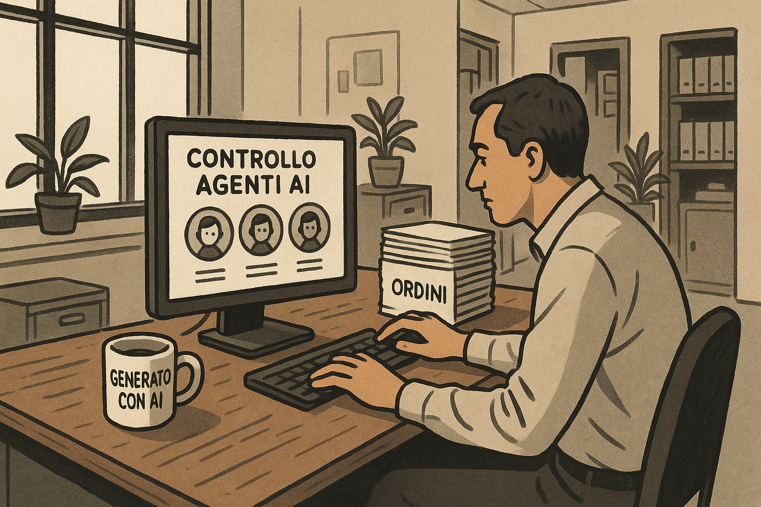 Scrivania in ufficio PMI con monitor che mostra controllo agenti AI, pila di ordini e tazza con scritta GENERATO CON AI.