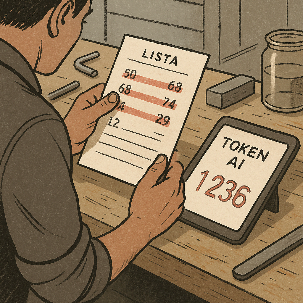 Banco di lavoro con persona che verifica una lista e tablet che mostra conteggio token AI.