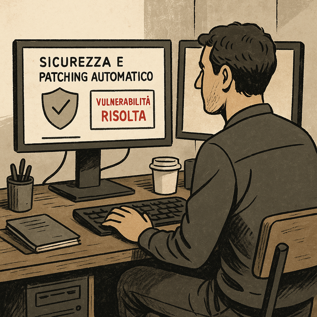 Postazione IT con monitor che mostra patching automatico e avviso vulnerabilità risolta.