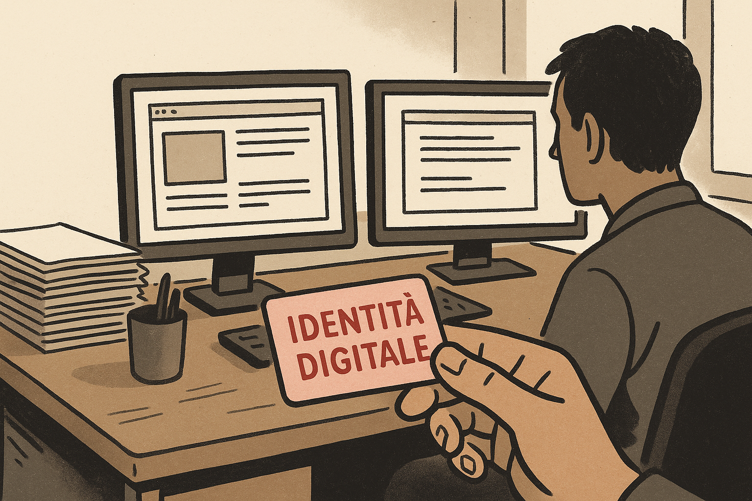 Scrivania d'ufficio con monitor, documenti e tessera IDENTITÀ DIGITALE in primo piano