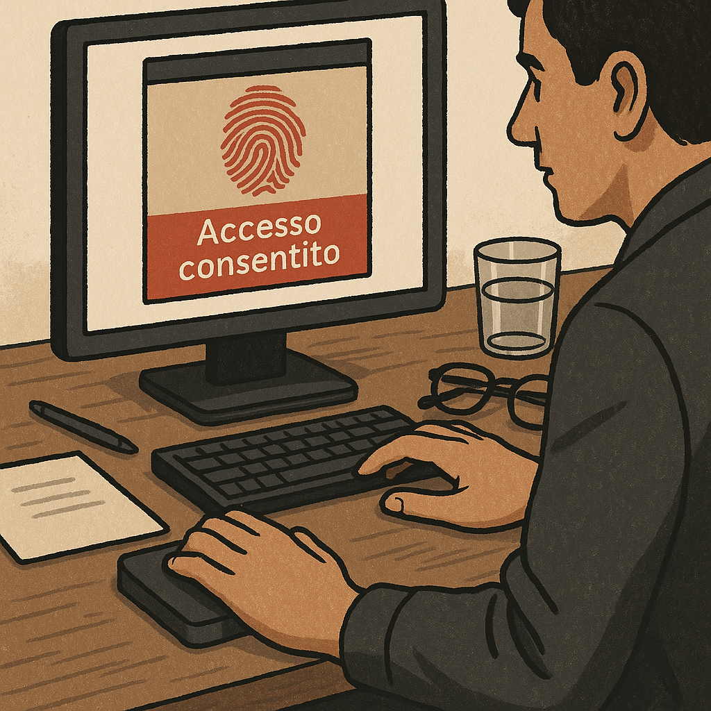 Operatore al computer verifica biometrica con impronta digitale e messaggio di accesso consentito