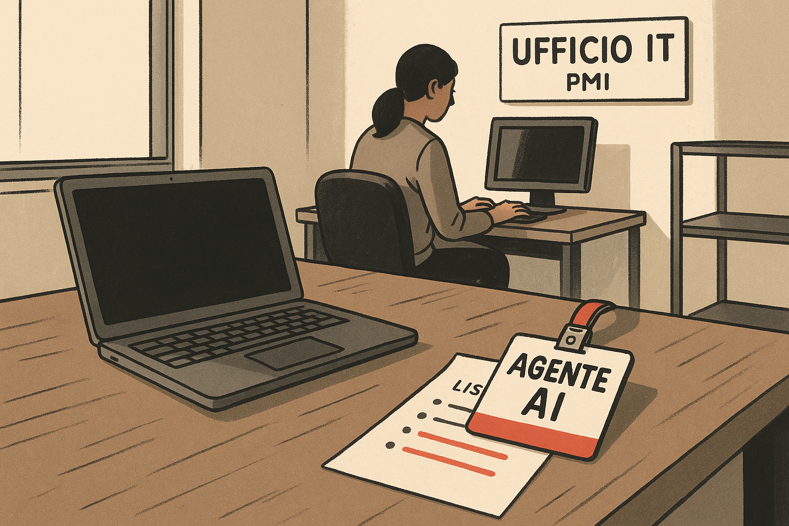 Scrivania di ufficio IT con portatile, badge AGENTE AI e lista accessi evidenziati