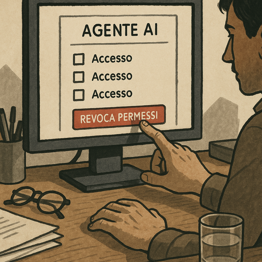 Monitor con gestione permessi per agente AI e opzione di revoca selezionata