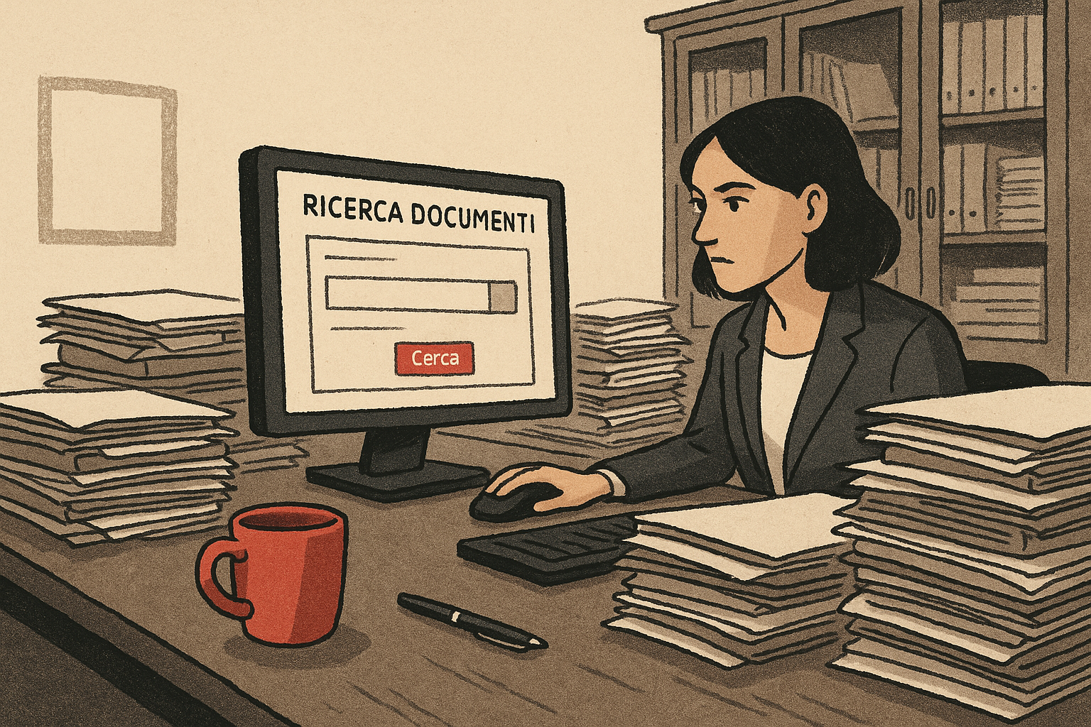 Scrivania di ufficio con fascicoli, monitor acceso e strumenti di lavoro