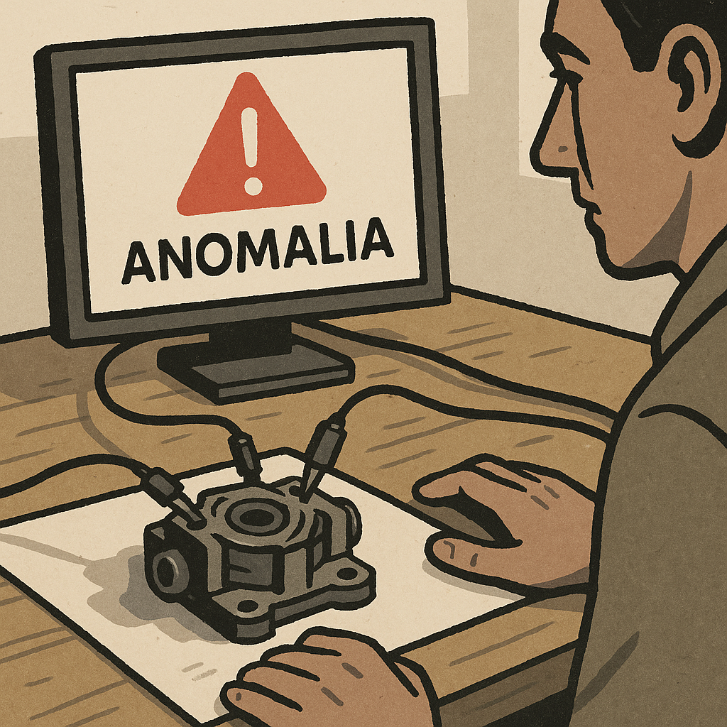 Operatore industriale che osserva un monitor con segnalazione di anomalia su componente meccanico