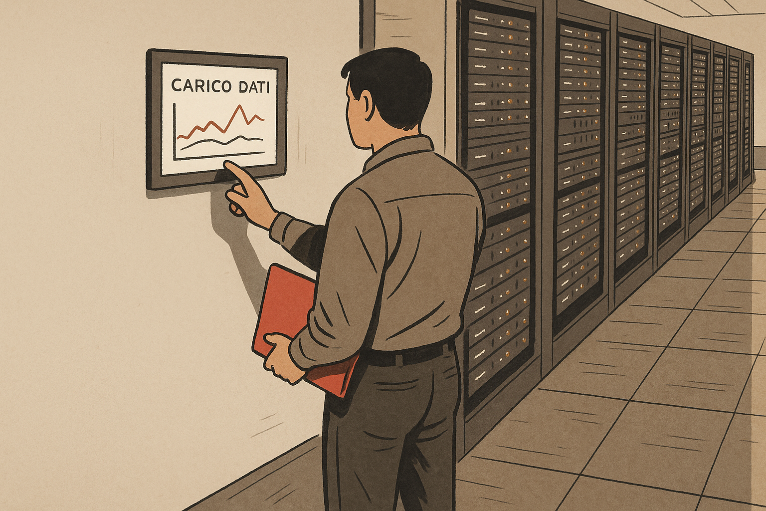 Tecnico in data center davanti a rack e schermo con grafici di carico dati