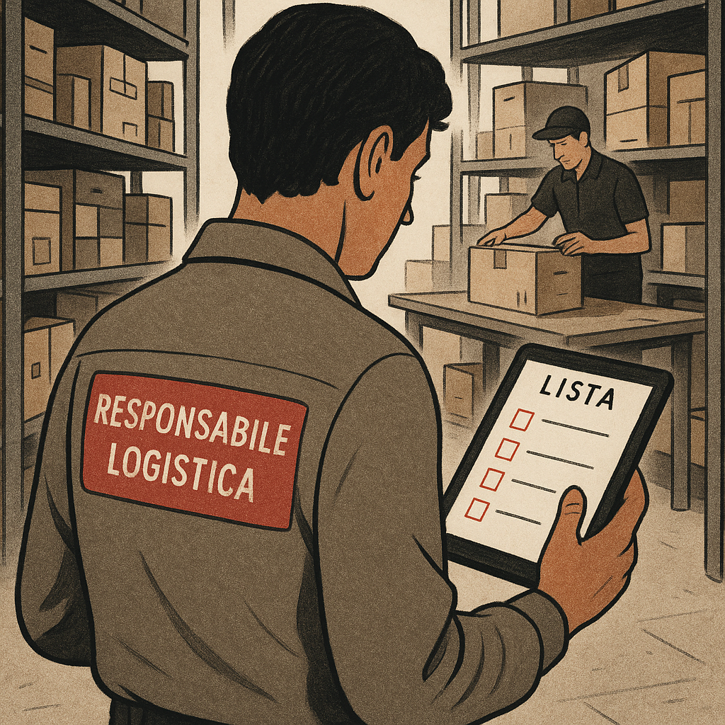 Responsabile logistica in magazzino VCO controlla lista su tablet davanti a scaffali pieni