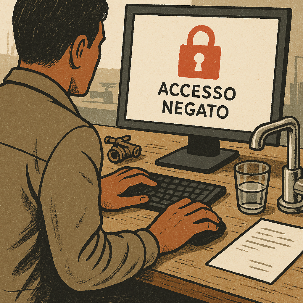 Operatore al computer bloccato da avviso di sicurezza dati in azienda del Cusio