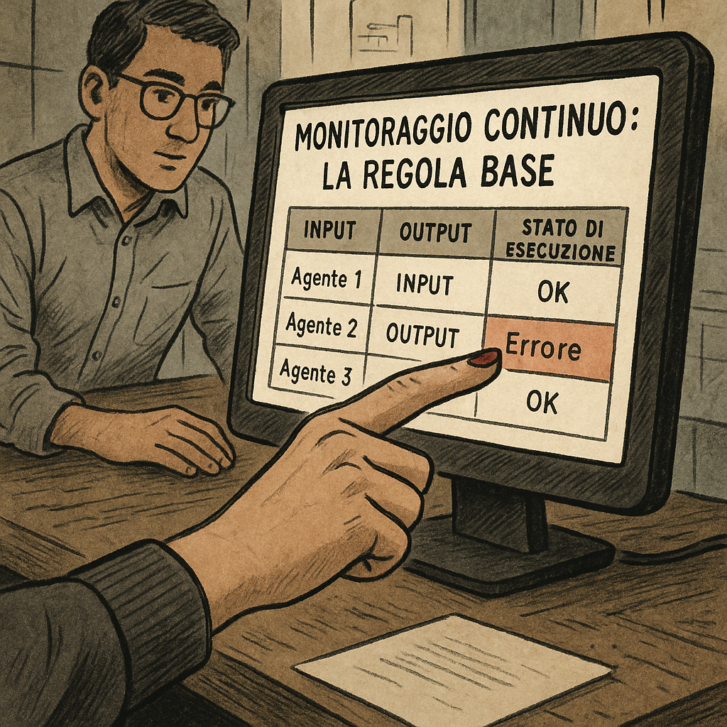 Due colleghi guardano una tabella di monitoraggio agenti AI su schermo in ufficio tecnico