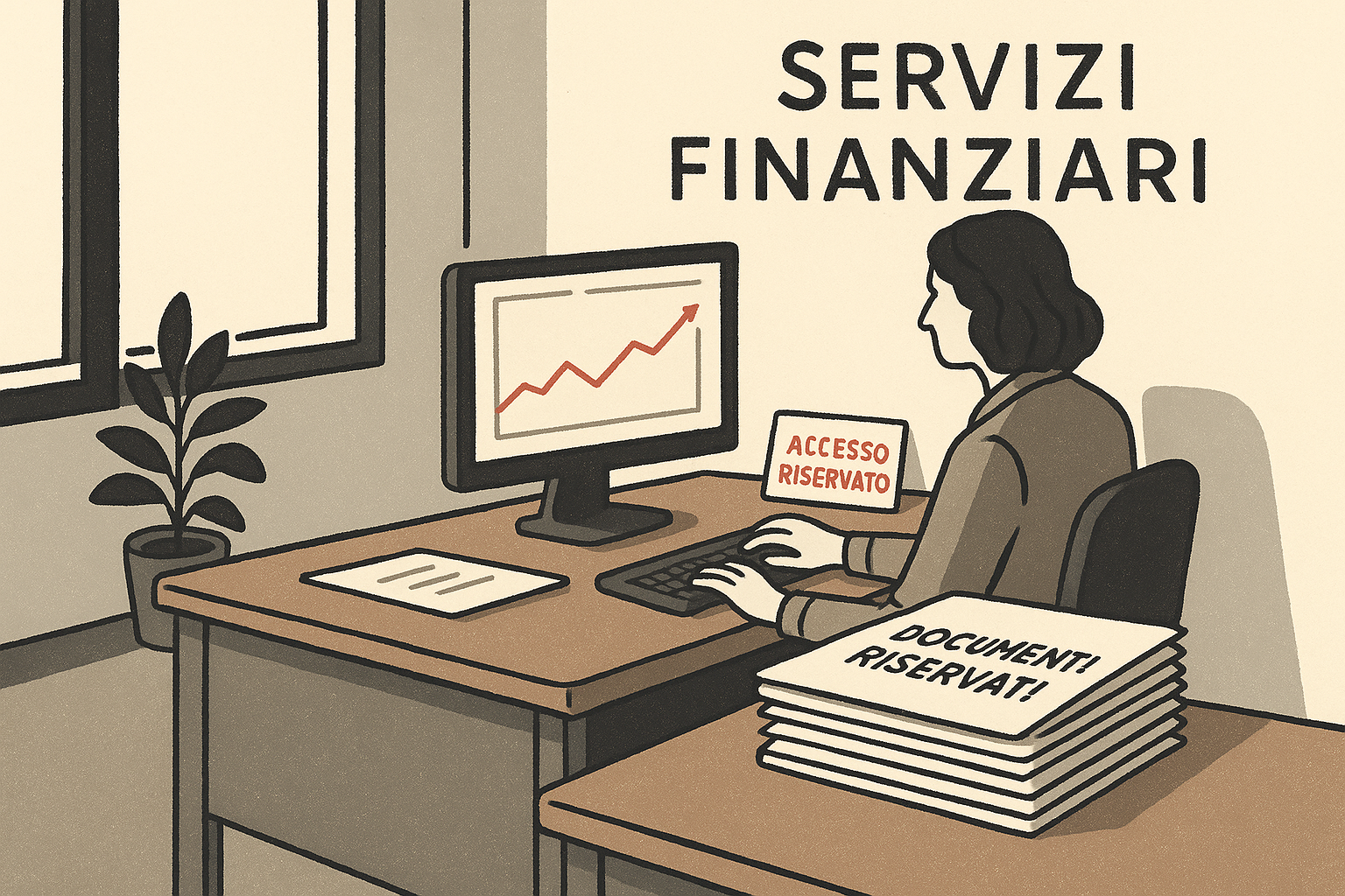Scrivania di un ufficio servizi finanziari con documenti riservati e cartello ACCESSO RISERVATO