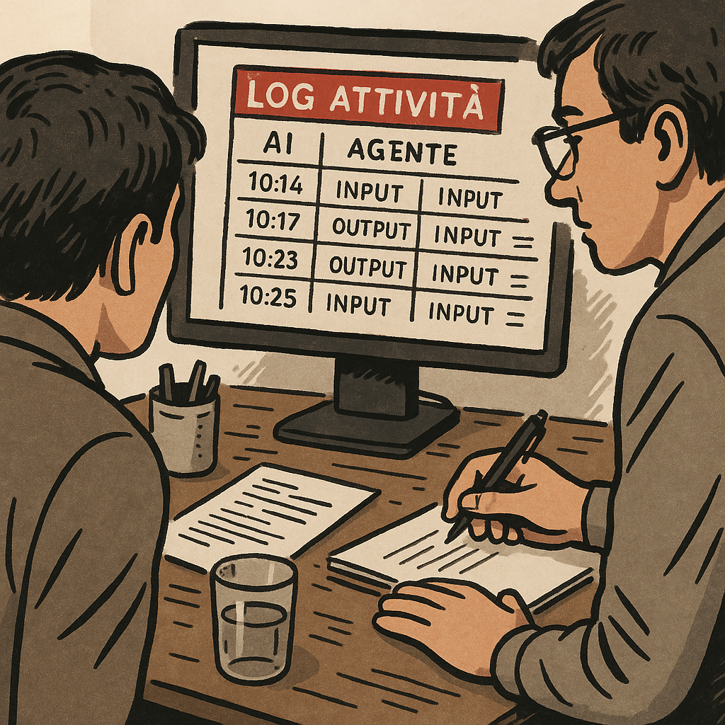 Due persone davanti a un monitor con log attività di un agente AI, dati e orari evidenti