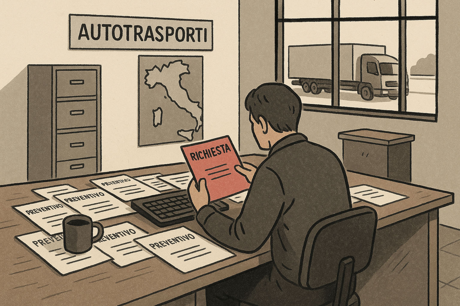 Scrivania di una ditta di trasporti con fogli di preventivi e operatore di spalle