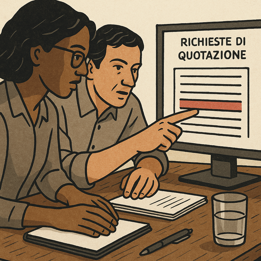 Colleghi in ufficio logistico che analizzano richieste di quotazione su uno schermo